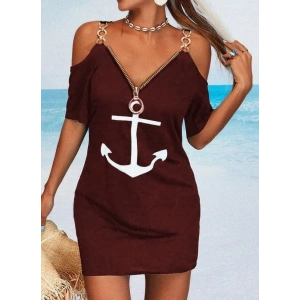 Fermuar Detay çıpa Baskılı Zincir Askılı Iki Iplik Elbise - Bordo