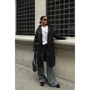 Fermuar Ve Kapşonlu Uzun Kapitone Mont 7062