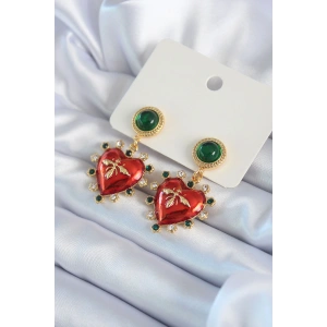 Gold Renk Kırmızı Kalp Model Zirkon Taş Detay Pirinç VİP Kadın Küpe