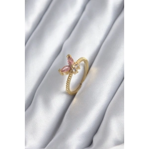 Gold Renk Pembe Zirkon Taşlı Kelebek Model Kadın Yüzük