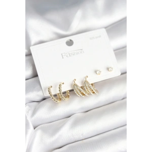 Gold Renk Pirinç 925 Ayar Gümüş Çivili Kadın Küpe Seti