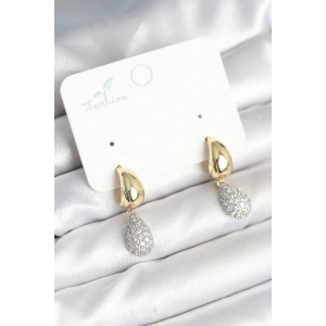 Gold Renk Zirkon Taşlı Damla Pirinç Kadın Küpe