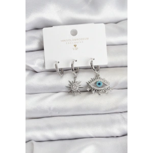 Göz Model Gümüş Renk Pirinç 3lü Kadın Küpe Seti