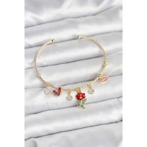 Gül Charmlı Gold Renk Pirinç Kadın Bileklik