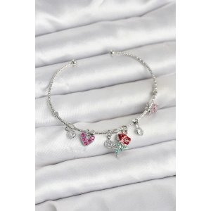 Gül Charmlı Gümüş Renk Pirinç Kadın Bileklik