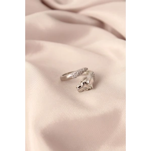 Gümüş Renk Metal Zirkon Taşlı Kaplan Model Ayarlanabilir Kadın Yüzük