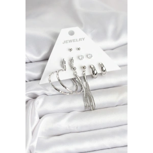 Gümüş Renk Pirinç 6 Çiftli Kadın Küpe Seti