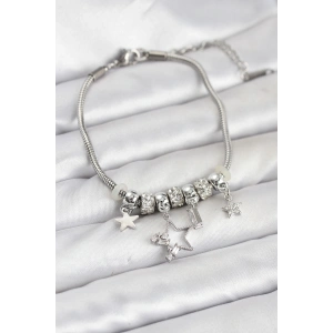 Gümüş Renk Pirinç Yıldız Model Charmlı Kadın Bileklik