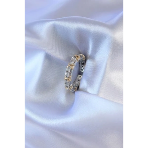 Gümüş Renk Zirkon Taşlı Gold Renk Detay Xoxo Kadın Yüzük