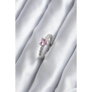 Gümüş Renk Zirkon Taşlı Pembe Kristal Kalp Model Kadın Yüzük