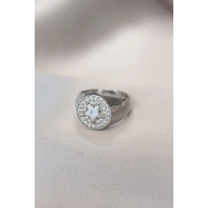 Gümüş Renk Zirkon Taşlı Plaka Yıldız Yüzük