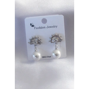 Gümüş Renk Zirkon Taşlı Sallantı İnci Model Kadın Küpe