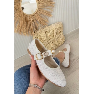 Hante Beyaz Keten Taşlı Babet Ayakkabı