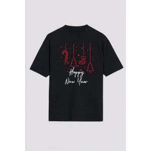 Happy New Year Baskılı T-shirt - Siyah
