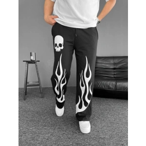 İki İplik Baskılı Kumaş Baggy Alt Esofman - Siyah