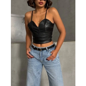 İp askılı yandan fermuarlı rastale deri crop siyah s24113