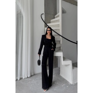 JAKARLI BLUZU TASARIM DETAYLI CEKET-PANTOLON-BLUZ 3 LÜ TAKIM - Siyah