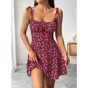 Kadın Askılı Büzgü Detaylı Kare Yaka çiçek Desenli Mini Süprem Elbise