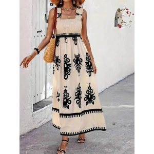 Kadın Askılı Kare Yaka Gipe Detaylı Desenli Suprem Elbise