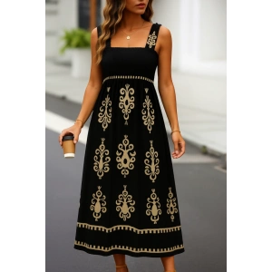 Kadın Askılı Kare Yaka Gipe Detaylı Desenli Suprem Elbise