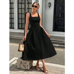 Kadın Askılı Kare Yakalı Uzun Ithal Krep Elbise