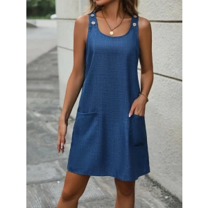 Kadın Askılı Omuzlardan Düğmeli Yuvarlak Yaka Cepli Keten Elbise