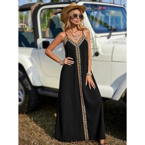 Kadın Askılı V Yakalı Etnik şerit Detaylı Uzun Viskon Elbise