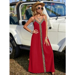 Kadın Askılı V Yakalı Etnik şerit Detaylı Uzun Viskon Elbise