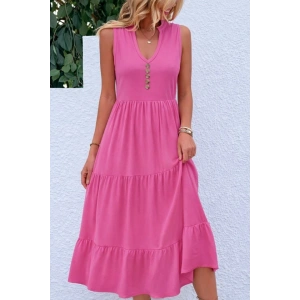 Kadın Askılı V Yakalı önden Düğmeli Midi Viskon Elbise