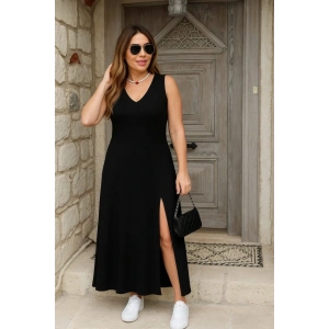 Kadın Askılı V Yakalı Yırtmaçlı Viskon Elbise
