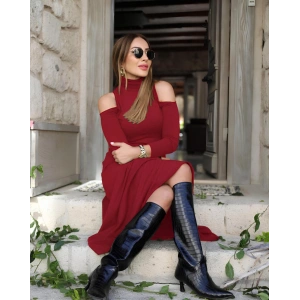 Kadın Balıkçı Yaka Omuzlardan Açık Uzun Kollu Janjan Krep Elbise