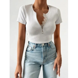 Kadın Beyaz Yaka Dantel Ve Fermuarlı Kaşkorse Bluz