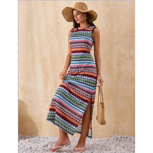 Kadın Bisiklet Yaka Cizgi Desen Süprem Elbise