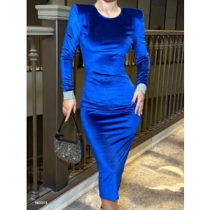 Kadın Bisiklet Yaka Vatkalı Manşet Detay Kadife Kumaş Midi Boy Elbise