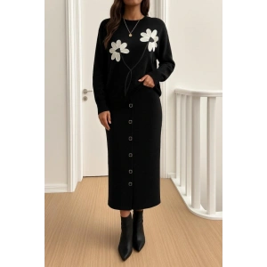 Kadın Bluz çiçek Desenli Detay Etek Düğme Detayıkılı Takım