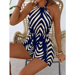 Kadın Boyundan Askılı Halter Yakalı Desenli Süprem Tulum