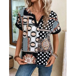 Kadın çentik V Yaka Kısa Kollu Desenli Moss Krep Kumaş Bluz