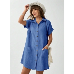 Kadın Cep Detay Müslin Kumaş Mini Gömlek Elbise