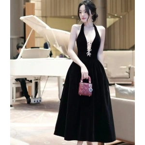 Kadın Derin V Yaka Kurdele Detaylı İthal Double Kumaş Elbise