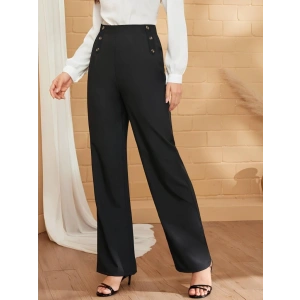 Kadın Düğme Detay Bol Paça Ithal Krep Pantolon