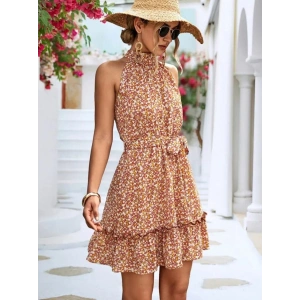 Kadın Eteği Volanlı Halter Yaka Süprem Elbise