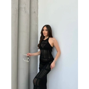 Kadın Halter Yaka Kuş Gözü Teday Full Transparan Maxi Boy Elbise