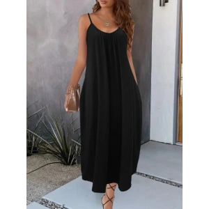 Kadın Ip Askılı Geniş V Yakalı Viskon Elbise