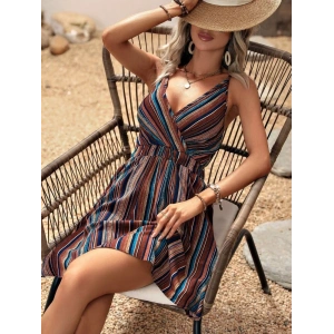 Kadın Ip Askılı Kruvaze Yakalı Beli Lastikli Desenli Süprem Elbise