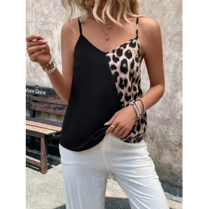 Kadın Ip Askılı V Yakalı Leopar Desenli Viskon Bluz