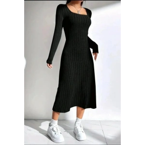 Kadın Kare Yaka Fitilli Kaşkorse Kumaş Midi Boy Elbise