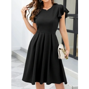 Kadın Kelebek Kollu Bisiklet Yakalı Pileli Ithal Krep Elbise