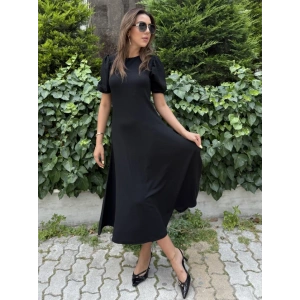 Kadın Kısa Balon Kollu Bisiklet Yaka Geniş Kesim Janjan Krep Elbise