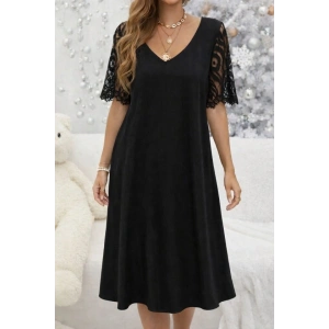 Kadın Kısa Dantel Kollu V Yakalı Midi Viskon Elbise
