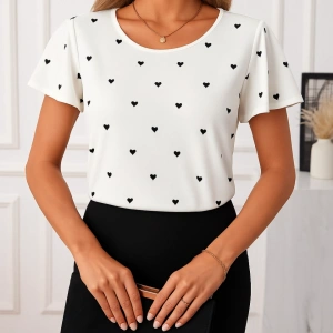 Kadın Kısa Kelebek Kollu Bisiklet Yaka Kalp Desenli Süprem Bluz